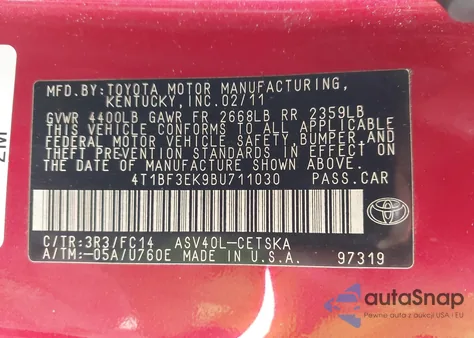 2011 Toyota Camry Se из США, поврежденный, VIN 4T1BF3EK9BU711030